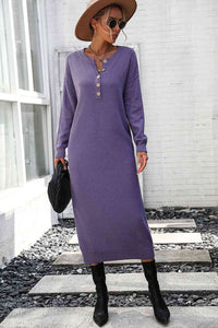 Notched Neck Dropped Shoulder Button-Down Midi Dress Trandify deal