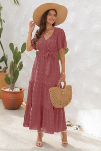 Swiss Dot Tied Surplice Short Sleeve Dress Trandify deal