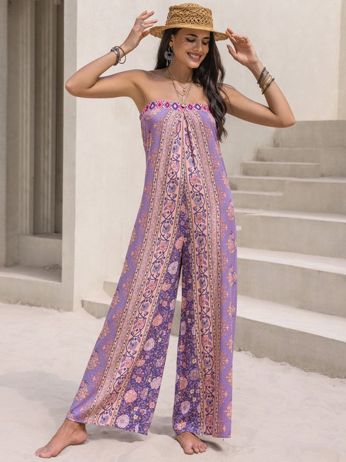 Tied Printed Tube Top Wide Leg Jumpsuit for Women – Trendy Summer Outfit
