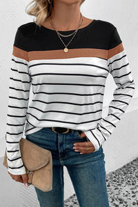 Perfee Striped Round Neck Long Sleeve T-Shirt Trandify deal