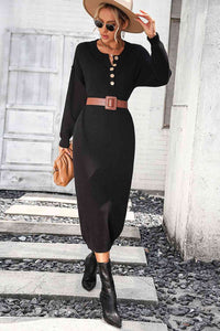 Notched Neck Dropped Shoulder Button-Down Midi Dress Trandify deal