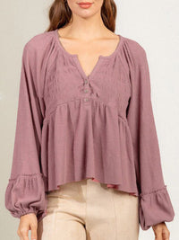 Notched Balloon Sleeve Peplum Blouse Trandify deal