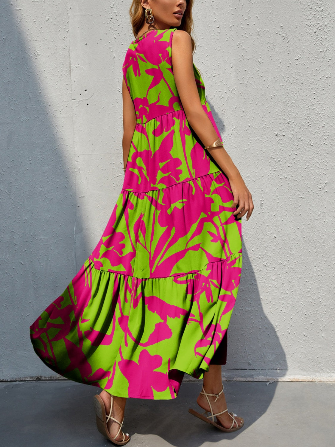 FAM-FAM Tiered Printed V-Neck Sleeveless Dress Trandify deal