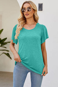 Smocked Round Neck Flutter Sleeve T-Shirt Trandify deal
