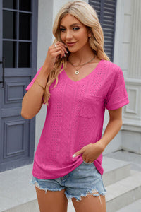 Eyelet V-Neck Short Sleeve T-Shirt Trandify deal