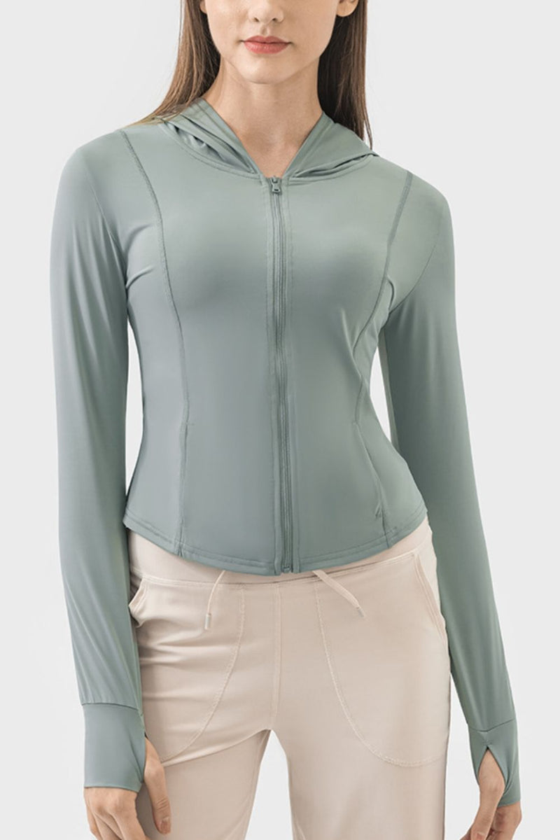 Pocketed Zip Up Hooded Long Sleeve Active Outerwear Trandify deal