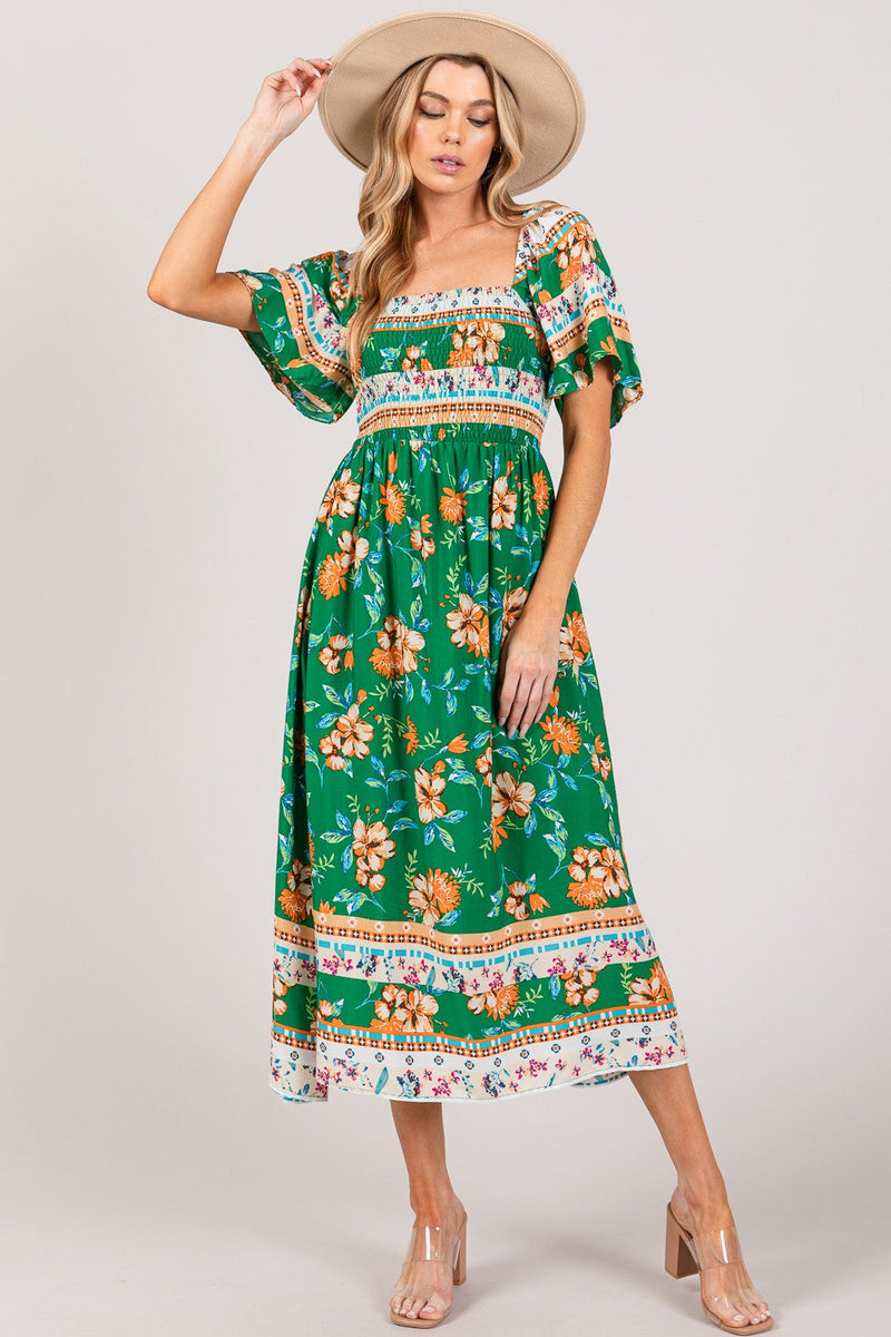 SAGE + FIG Printed Smocked Short Sleeve Midi Dress Trandify deal
