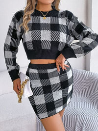 Plaid Round Neck Top and Skirt Sweater Set Trandify deal
