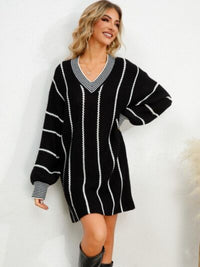 Striped V-Neck Long Sleeve Mini Dress Trandify deal