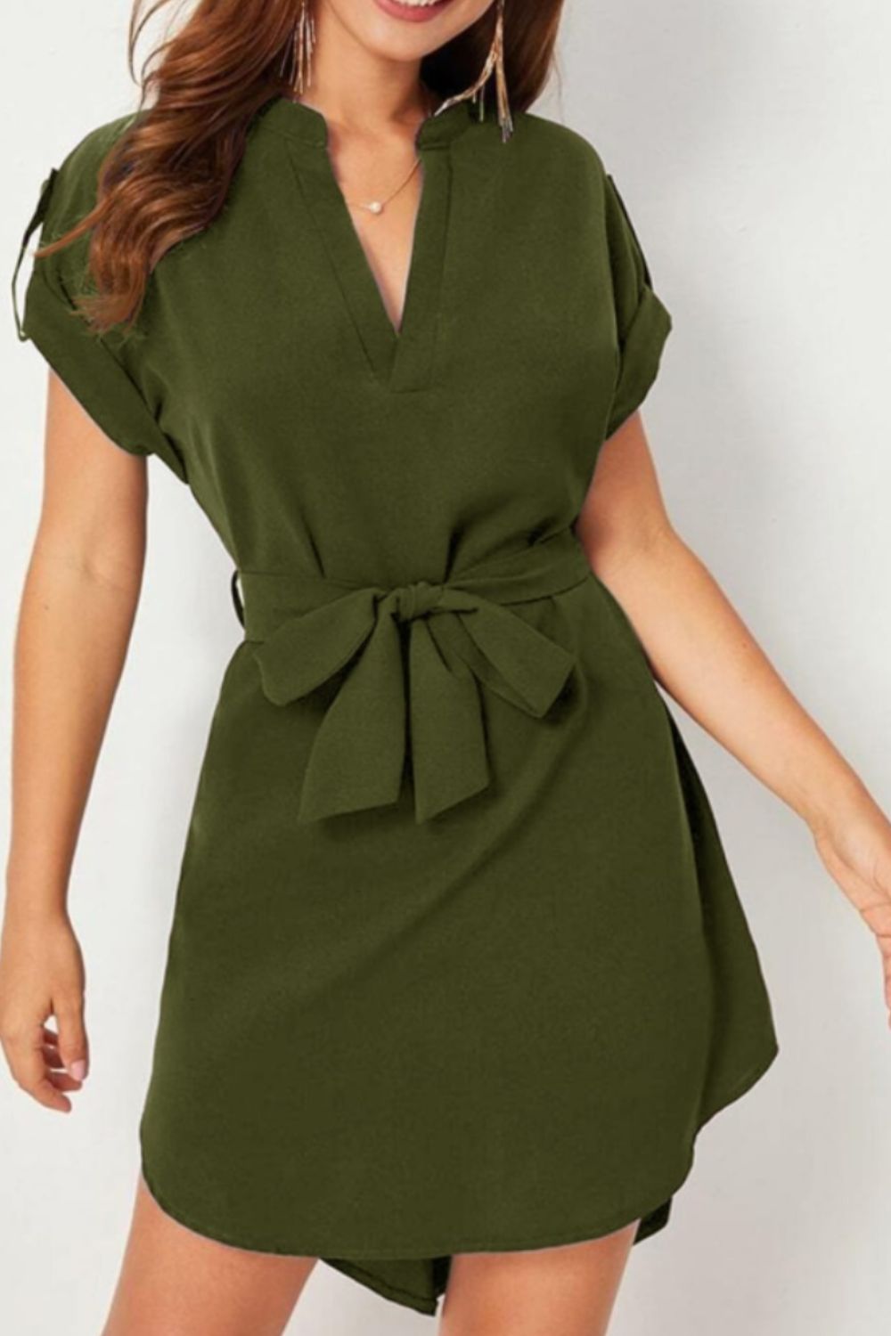 Tied Notched Short Sleeve Dress Trandify deal