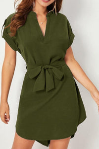 Tied Notched Short Sleeve Dress Trandify deal