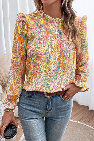 Printed Frill Flounce Sleeve Shirt Trandify deal