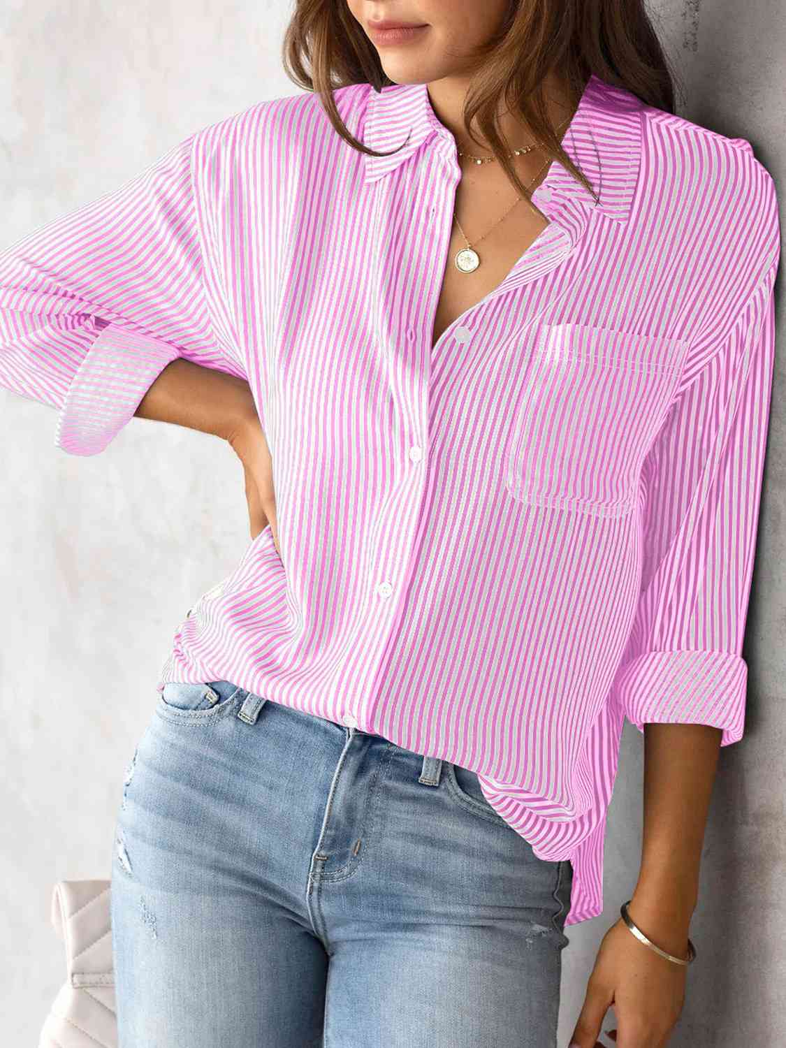 Striped Collared Neck Shirt with Pocket Trandify deal