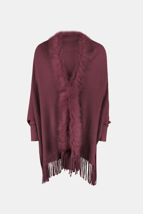 Fringe Open Front Long Sleeve Poncho Trandify deal