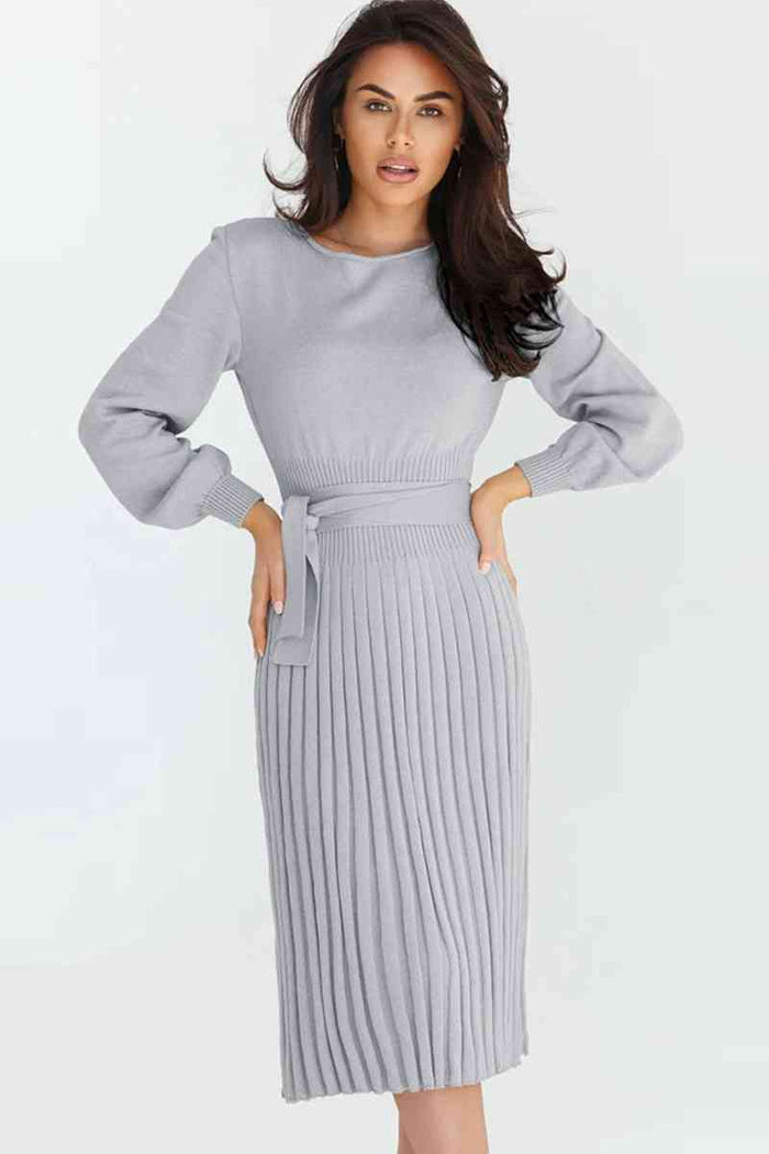 Round Neck Long Sleeve Pleated Sweater Dress Trandify deal
