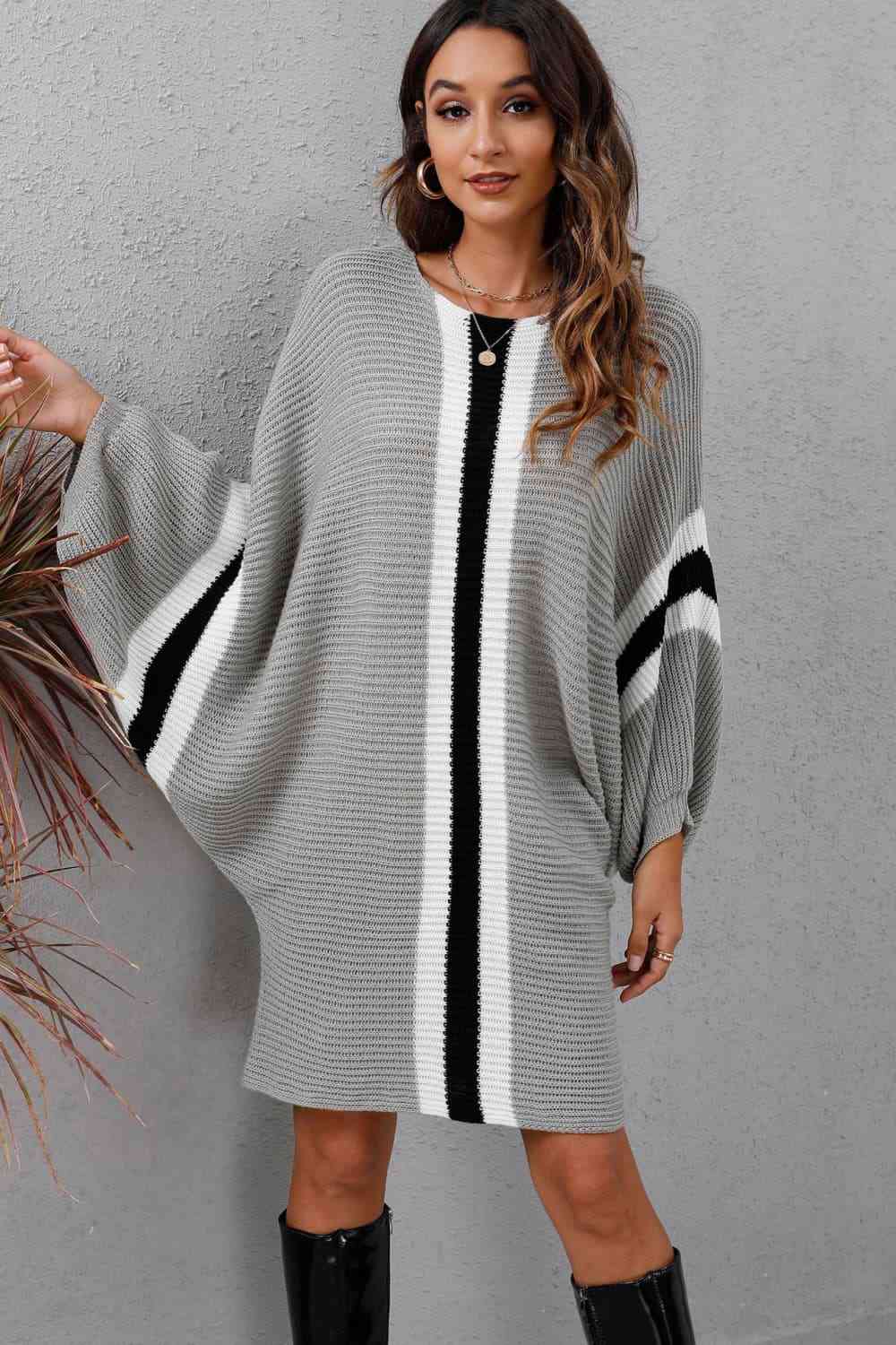 Ribbed Round Neck Long Sleeve Sweater Dress Trandify deal