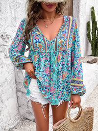 Devine Printed Tie Neck Long Sleeve Blouse Trandify deal