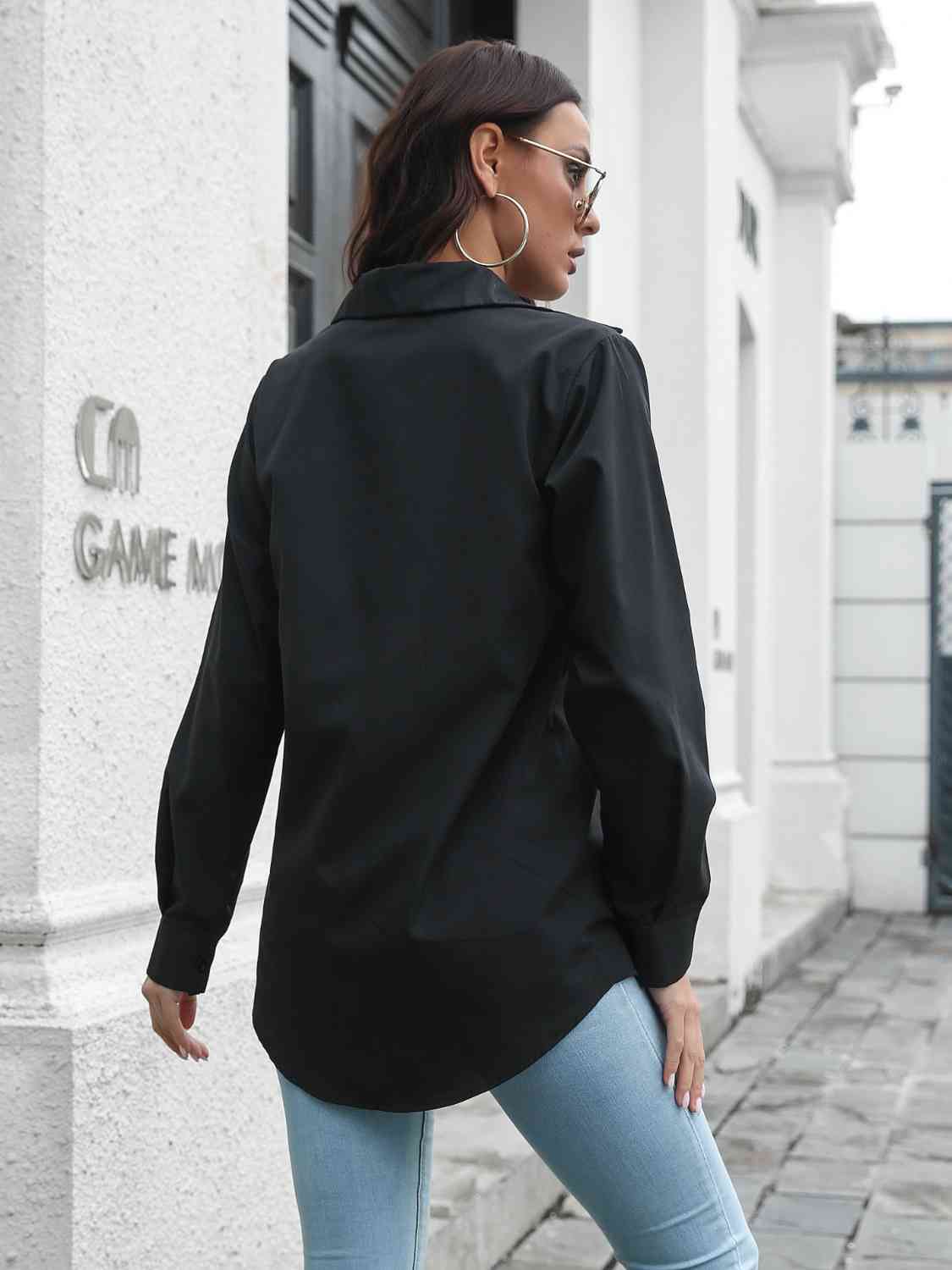 Collared Neck Buttoned Shirt with Pockets Trandify deal