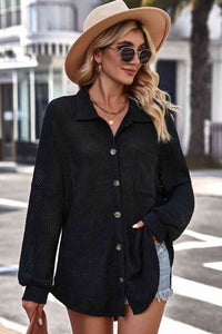 Waffle-Knit Collared Neck Dropped Shoulder Shirt Trandify deal