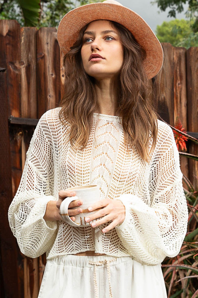 POL Openwork Balloon Sleeve Knit Cover Up Trandify deal