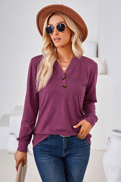 Notched Button Detail Long Sleeve T-Shirt Trandify deal