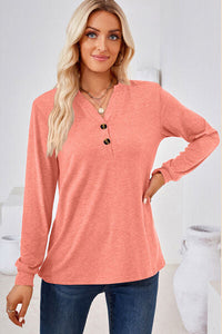 Notched Button Detail Long Sleeve T-Shirt Trandify deal