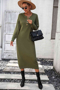 Notched Neck Dropped Shoulder Button-Down Midi Dress Trandify deal