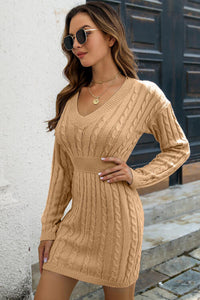 Cable-Knit V-Neck Long Sleeve Mini Sweater Dress Trandify deal