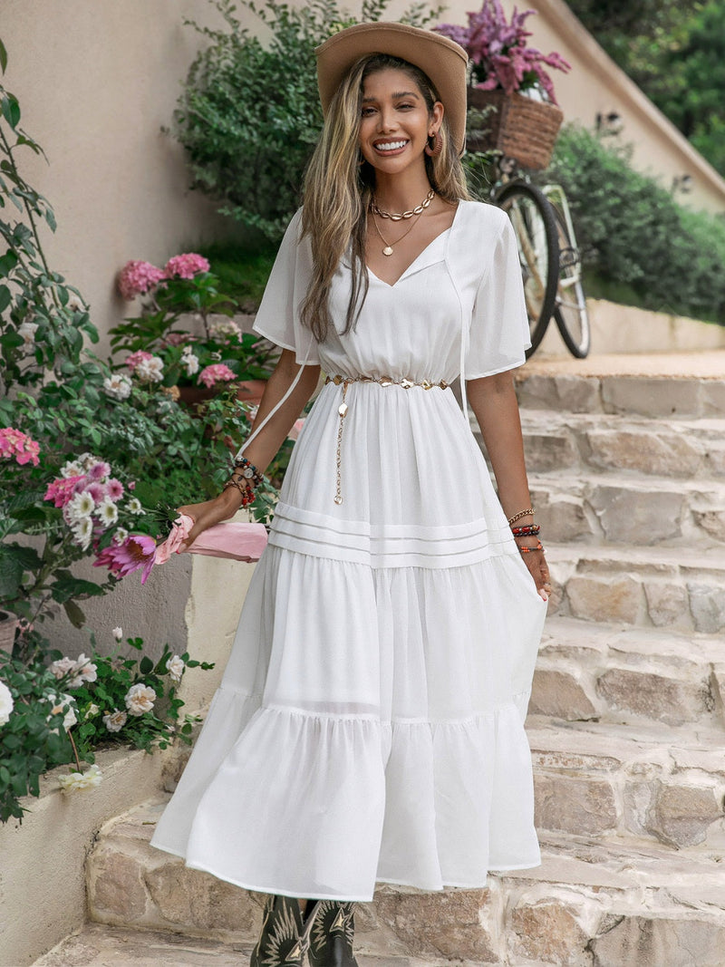 Tie Neck Short Sleeve Ruffle Hem Dress Trandify deal