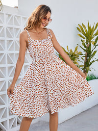 Printed Square Neck Tie Shoulder Dress Trandify deal
