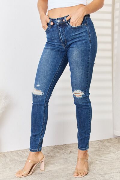 Judy Blue Full Size High Waist Distressed Slim Jeans - Trandify Deal