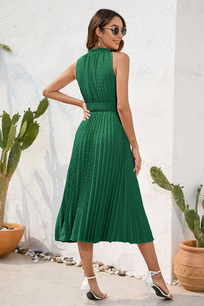 Swiss Dot Tie Neck Sleeveless Dress Trandify deal