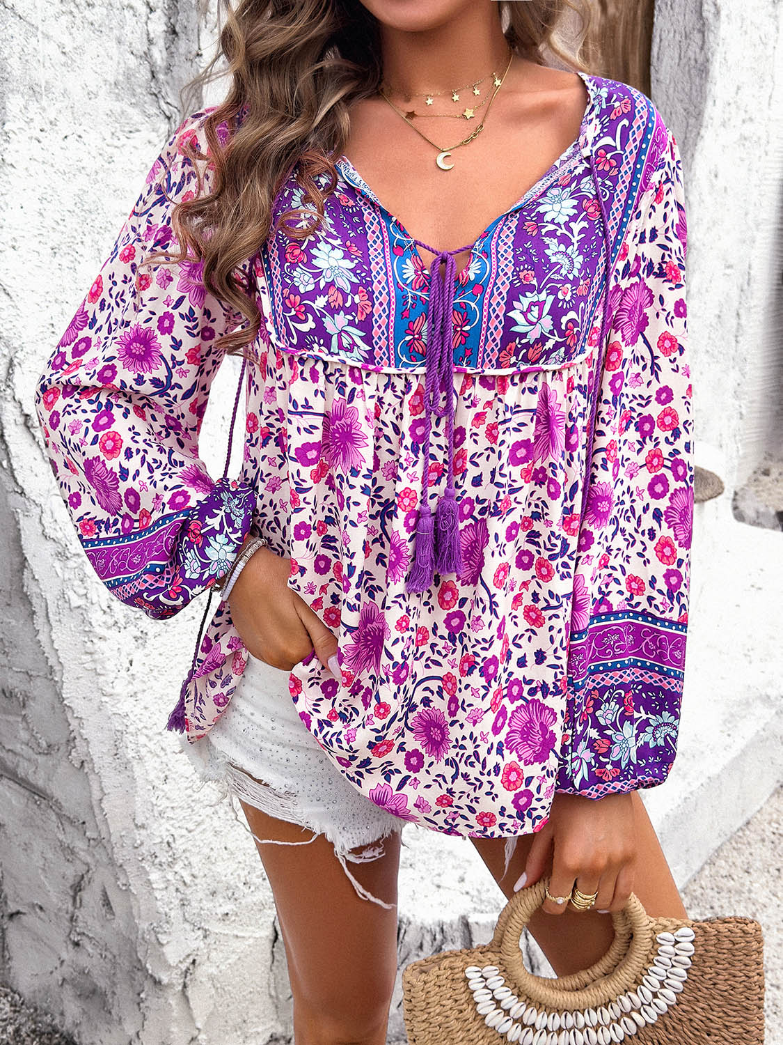 Devine Printed Tie Neck Long Sleeve Blouse Trandify deal