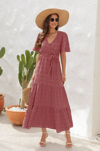 Swiss Dot Tied Surplice Short Sleeve Dress Trandify deal
