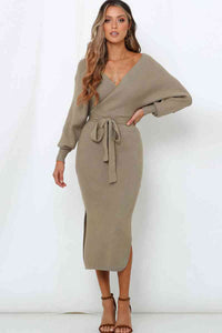 Surplice Neck Bow Waist Slit Sweater Dress Trandify deal