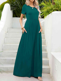 Round Neck Short Sleeve Maxi Dress with Pockets Trandify deal