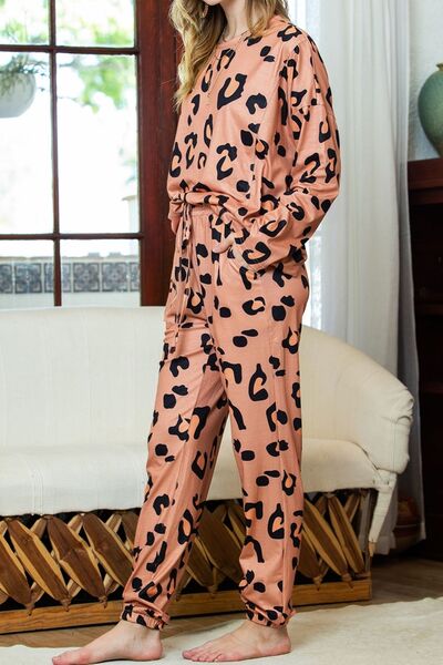 Leopard Round Neck Top and Drawstring Pants Lounge Set Trandify deal