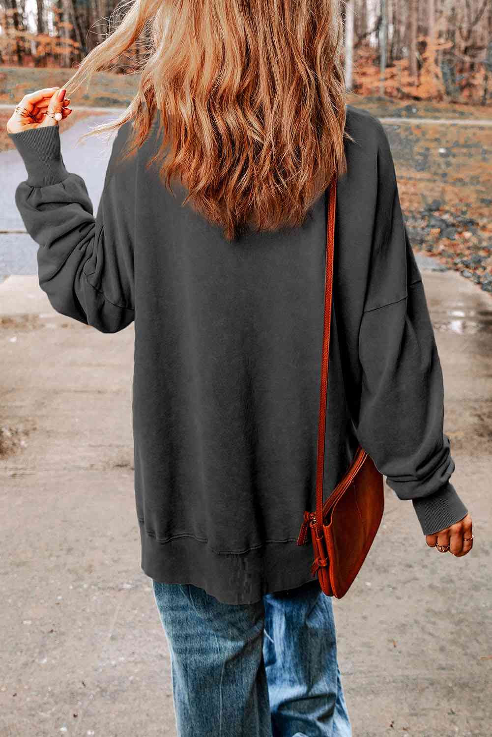 Dropped Shoulder Round Neck Long Sleeve Blouse Trandify deal