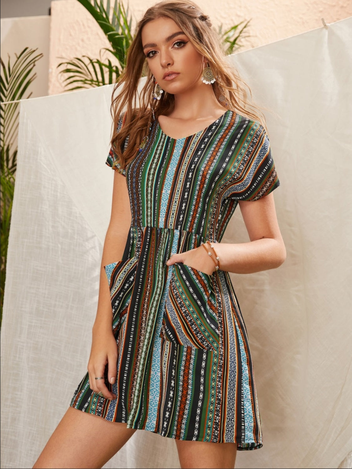 Pocketed Striped Short Sleeve Dress Trandify deal