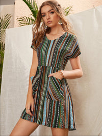 Pocketed Striped Short Sleeve Dress Trandify deal