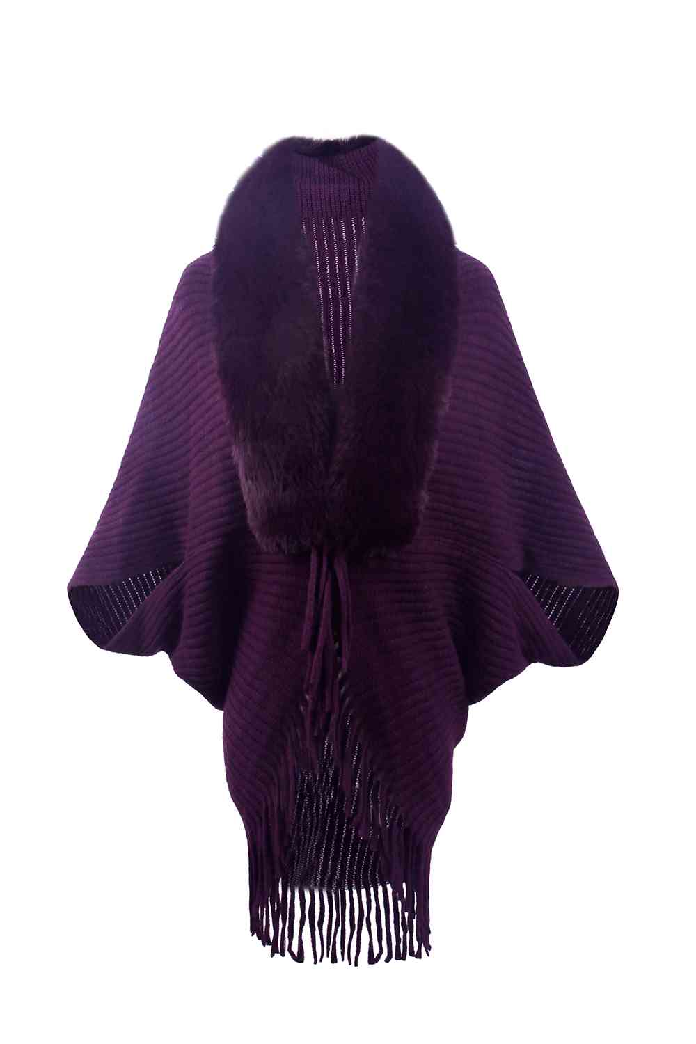 Fringe Detail Long Sleeve Ribbed Poncho Trandify deal