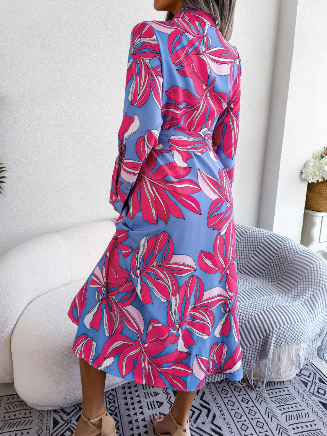 Tied Button Up Long Sleeve Dress Trendsi