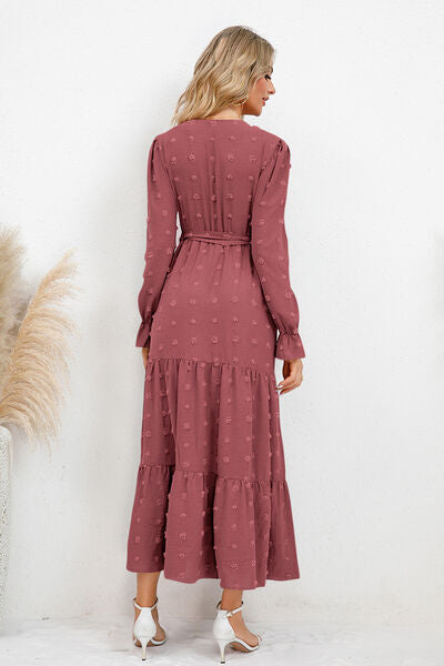 Swiss Dot Tied Surplice Flounce Sleeve Dress Trandify deal