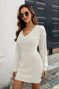 Cable-Knit V-Neck Long Sleeve Mini Sweater Dress Trandify deal