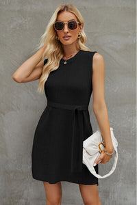 Tied Round Neck Sleeveless Sweater Dress Trandify deal