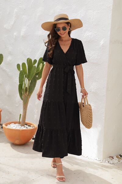 Swiss Dot Tied Surplice Short Sleeve Dress Trandify deal