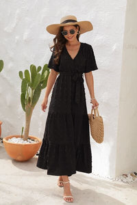 Swiss Dot Tied Surplice Short Sleeve Dress Trandify deal
