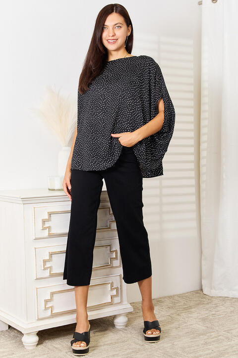 Double Take Printed Dolman Sleeve Round Neck Blouse Trandify deal