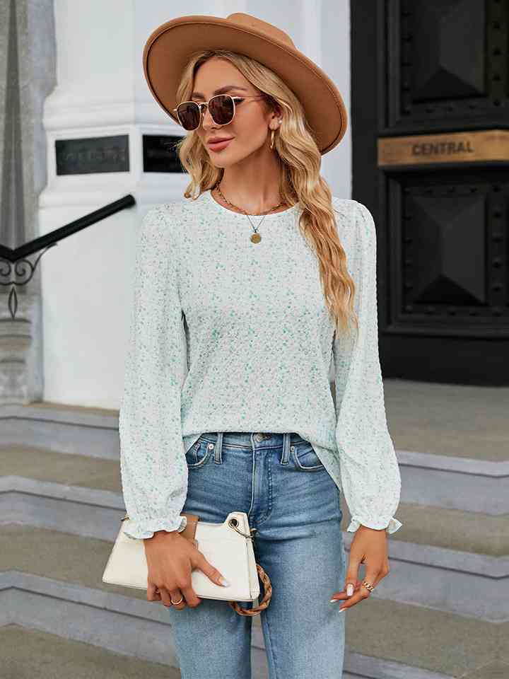 Printed Round Neck Flounce Sleeve Blouse Trandify deal