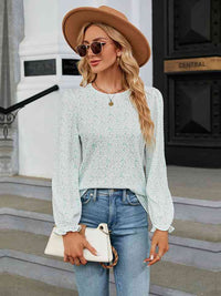 Printed Round Neck Flounce Sleeve Blouse Trandify deal